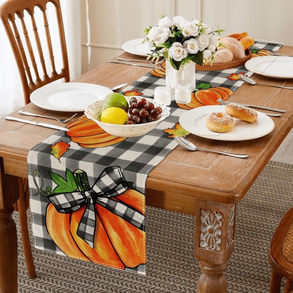NWT- Black & White Buffalo Check Plaid Table Runner w/Orange Pumpkins & 🍁 72x13
